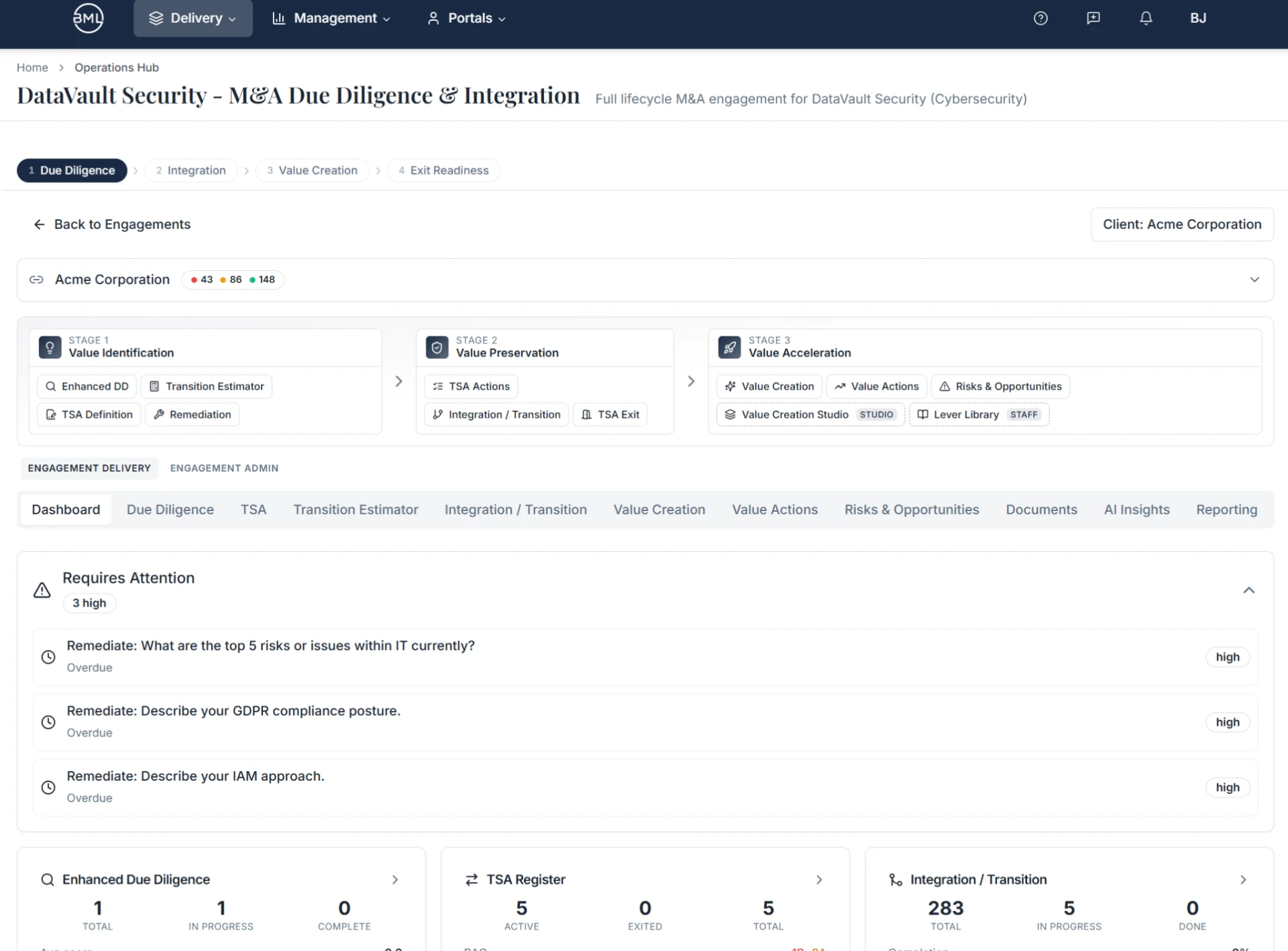 A live engagement inside BML/OS — Value Identification, Preservation and Acceleration in one view — enhanced diligence, the TSA register, integration, value levers, risks and reporting against the same spine.